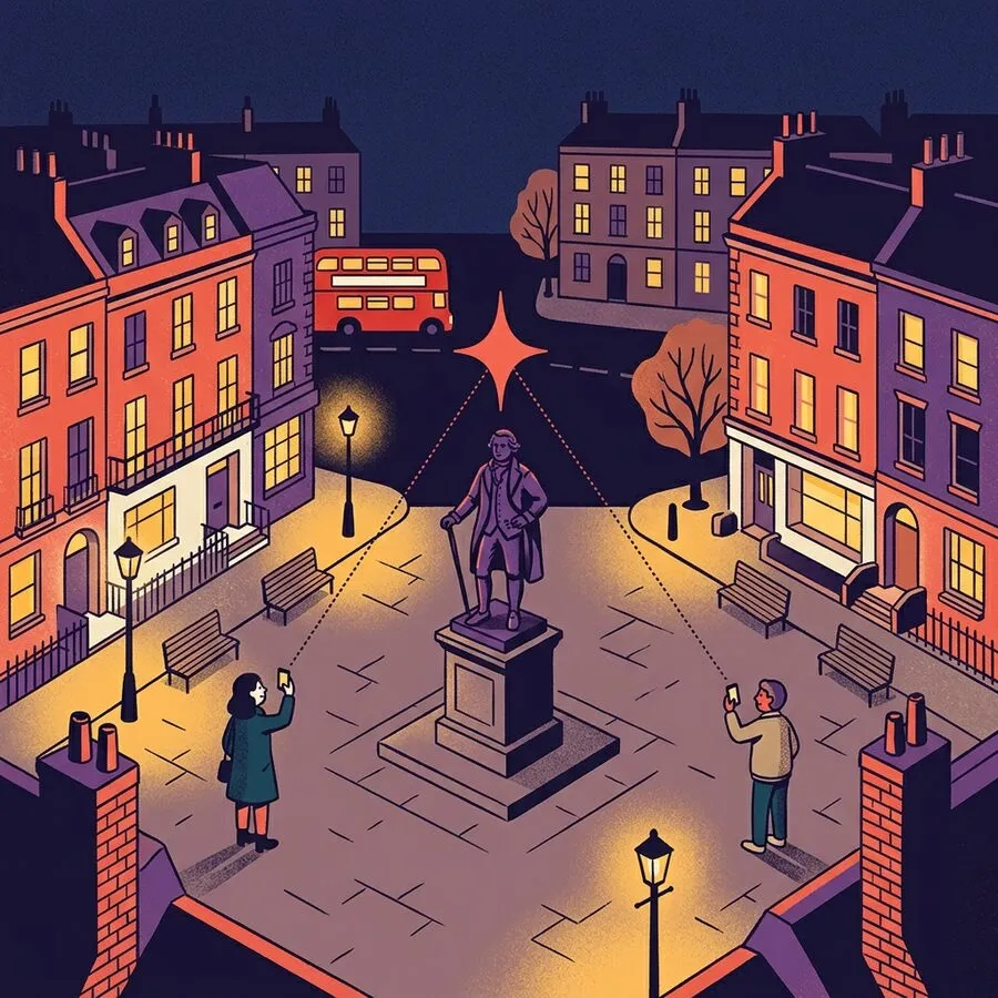 A town square at night with a quest under way